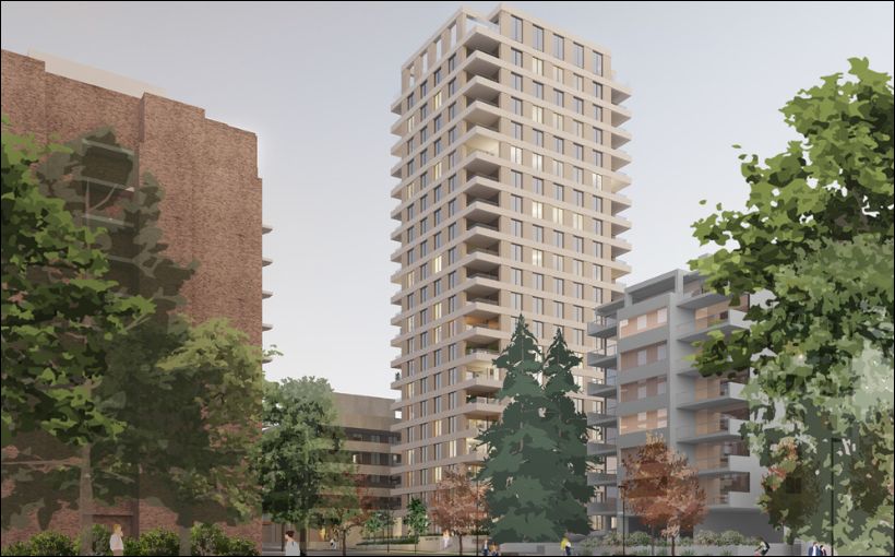 Reliance Properties is seeking to redevelop a parking lot in Vancouver's Broadway corridor area into a 112-unit rental apartment building.
