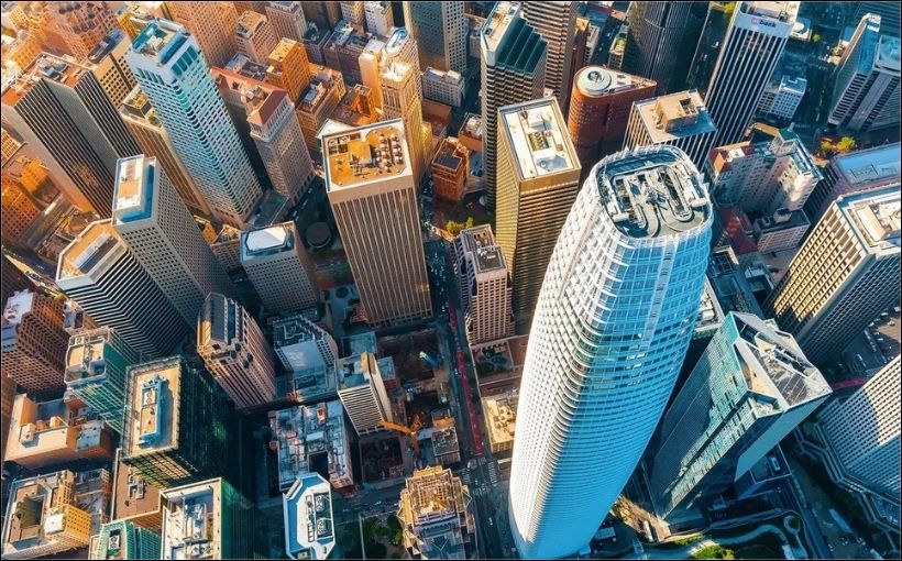 Aerial photo of commercial buildings.