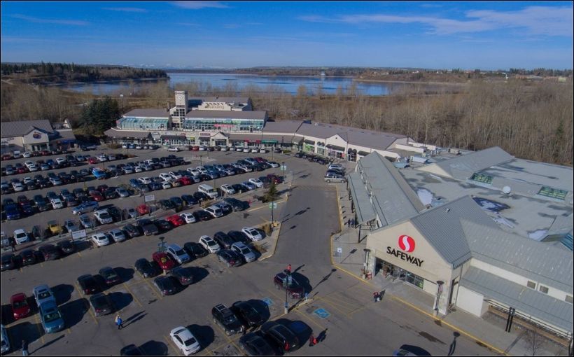 Aerial photo of Glenmore Landing shopping centre in Calgary.