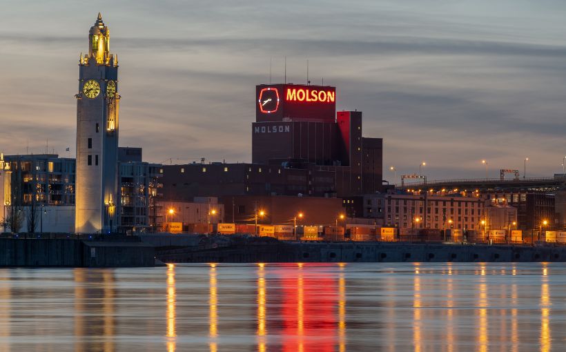 Photo of former Molson brewery site in Montreal at dusk.