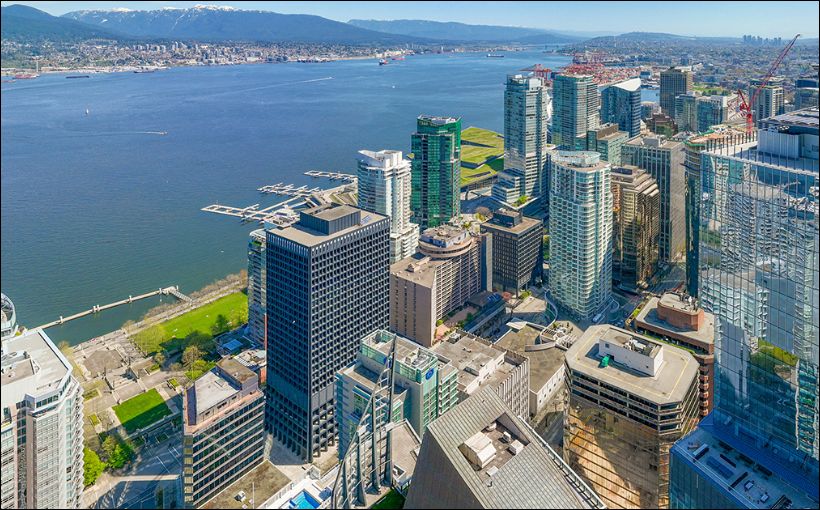 Photos of buildings near the downtown Vancouver waterfront.