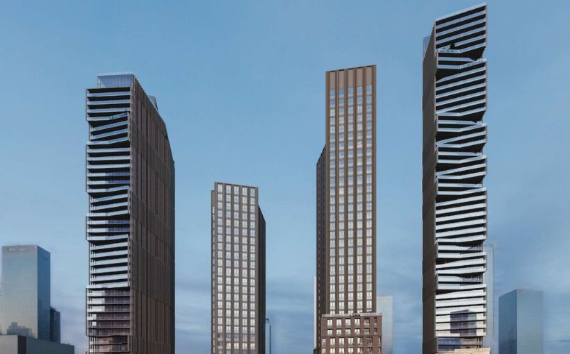 Rendering of four proposed multi-residential towers in Toronto's Distillery district.,