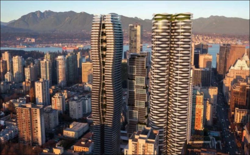 Rendering of Vancouver's proposed Curv multi-residential tower (left) next to another tall project.