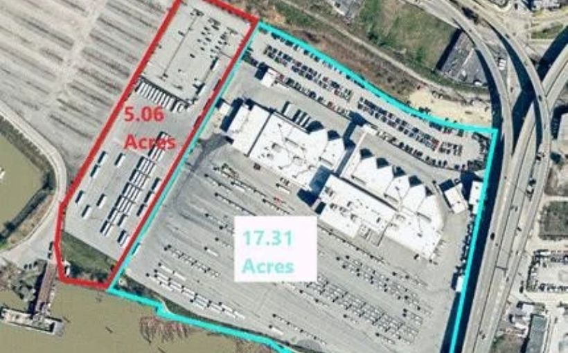 Aerial photo highlighting a 5.06-acre land parcel Vancouver's Marpole area.