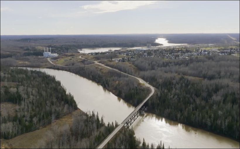 Aerial photo featuring a river and bridge near Iriquois Falls, Ont.