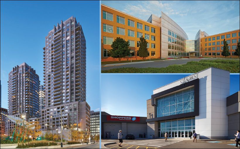 Morguard's Place Innovation office property in Montreal, the Bay Club multi-residential site in Toronto and St. Laurent Shopping Centre in Ottawa. Photos: CNW Group/Morguard
